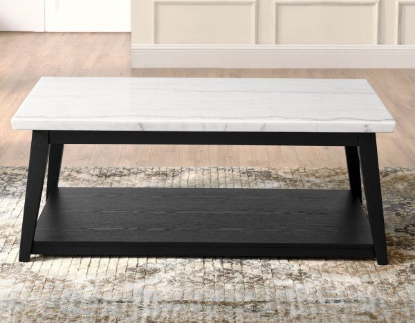 Vida White Marble Cocktail Table with Casters, Black Finish on Sale