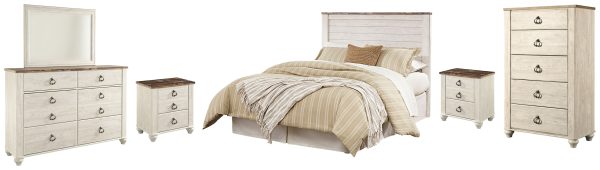 Willowton Queen Full Panel Headboard Bed with Mirrored Dresser, Chest and 2 Nightstands in Whitewash For Discount