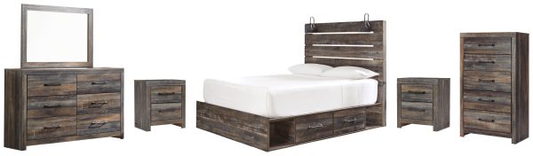 Drystan Queen Panel Bed with 4 Storage Drawers with Mirrored Dresser, Chest and 2 Nightstands in Multi Supply