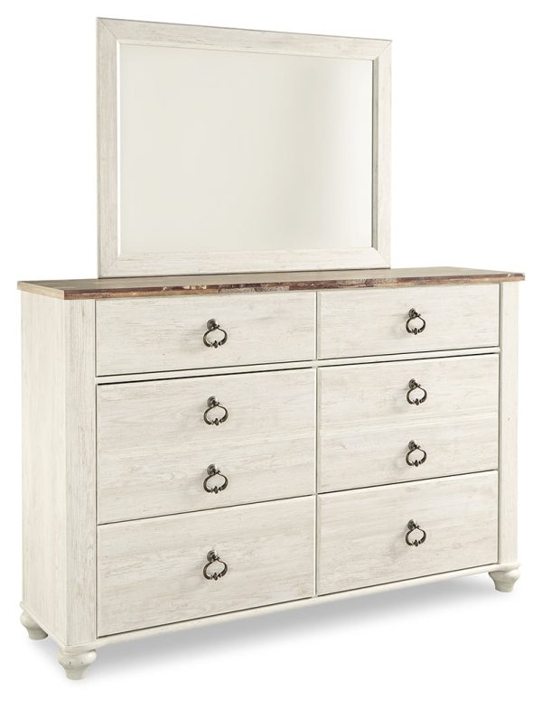 Willowton Queen Full Panel Headboard Bed with Mirrored Dresser and Chest in Whitewash Hot on Sale