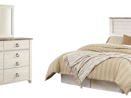 Willowton Queen Full Panel Headboard Bed with Mirrored Dresser in Whitewash For Cheap