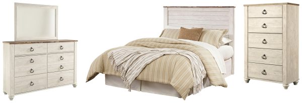 Willowton Queen Full Panel Headboard Bed with Mirrored Dresser and Chest in Whitewash Hot on Sale