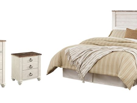 Willowton Queen Full Panel Headboard Bed with Mirrored Dresser and 2 Nightstands in Whitewash Sale